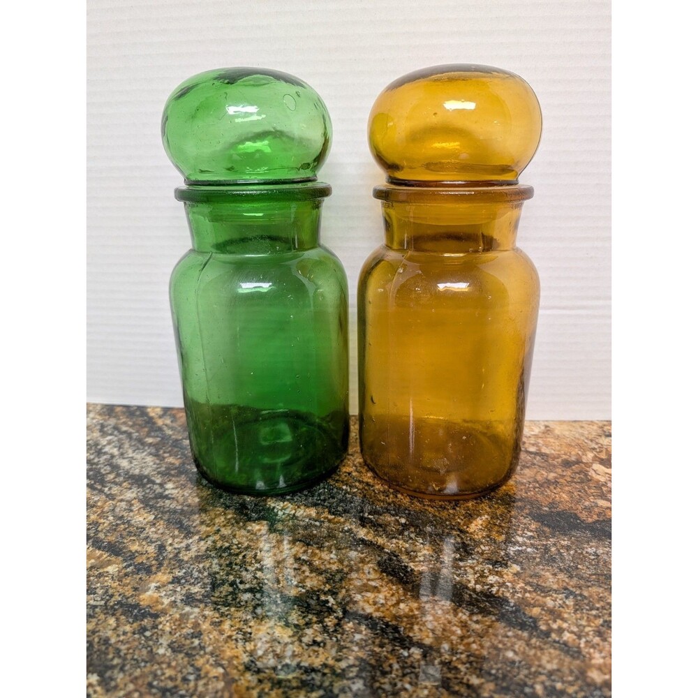 Vintage Green And Ambe Glass Bubble Top Apothecary Jar with Lid Made in Belgium